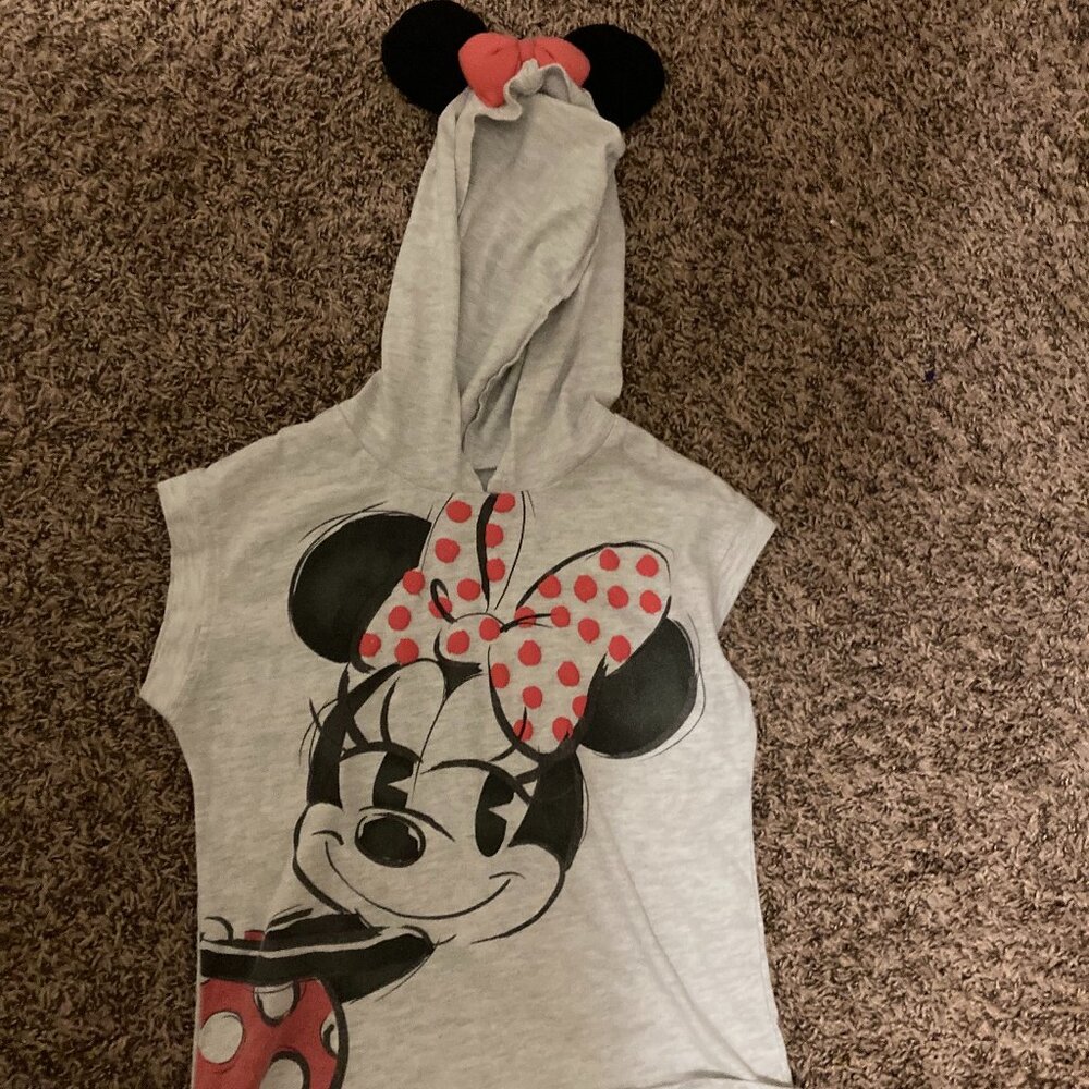 Disney Junior Minnie Mouse T Shirt Medium 7/8 Hooded Ears Bow Short Sleeve Gray